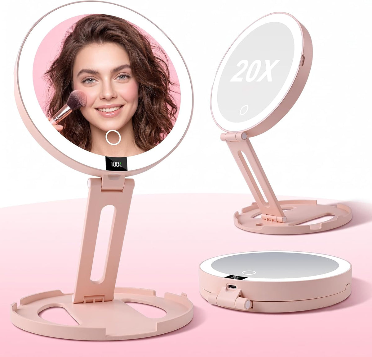 Foldable Travel Makeup Mirror with Lights 20X/1X Magnifying Mirror