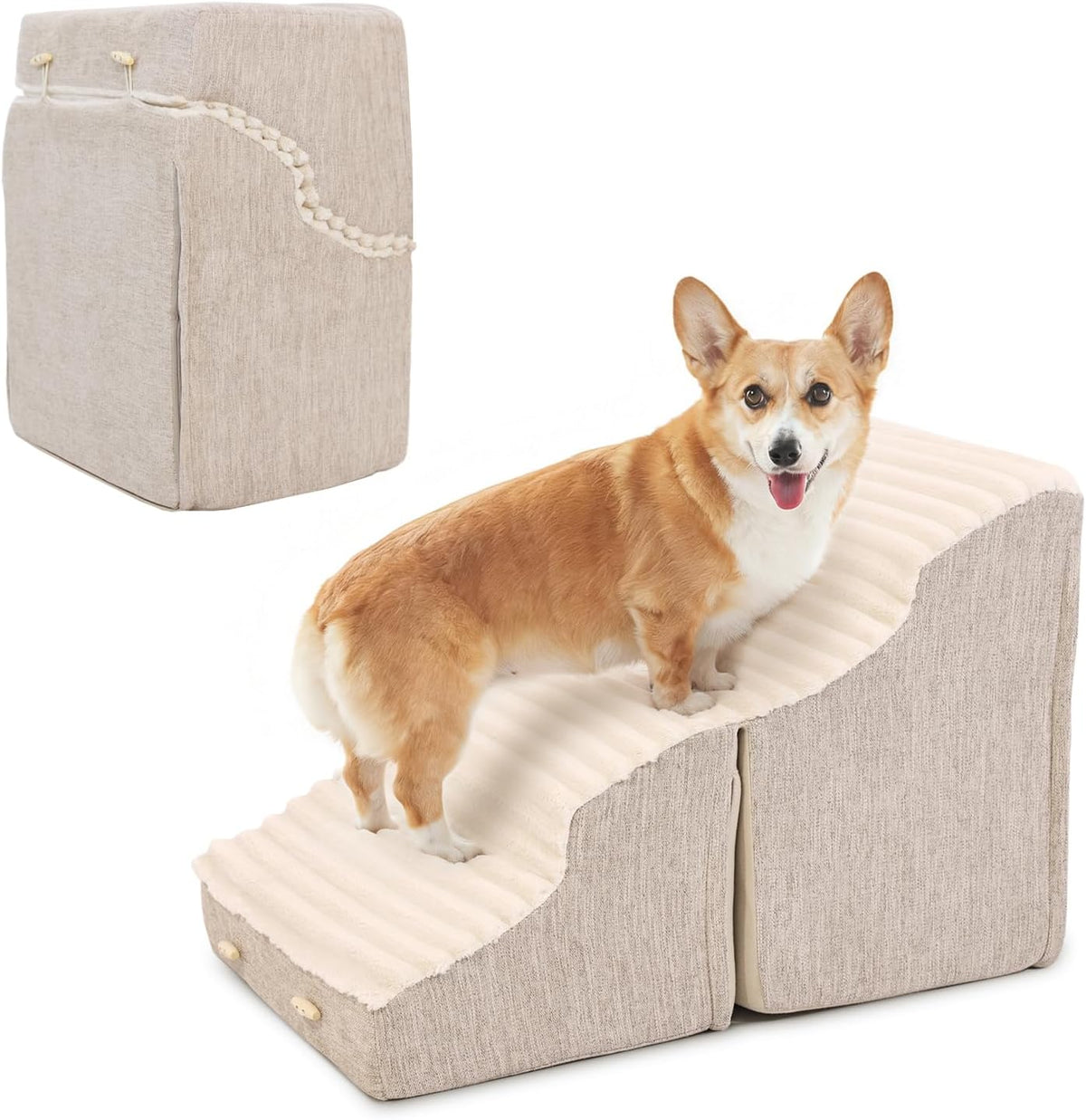 Dog Stairs for Small Dogs,2 in 1 Transformable 4-Step Pet Stairs,Indoor Pet Steps for Cats,Comfort, Durable Washable Cover and Durable High Density Foam,Beige
