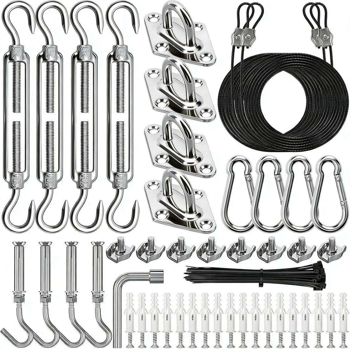 Shade Sail Hardware Kit with Nylon-Coated Wire Ropes, Heavy Duty Stainless Steel Windproof Sun Shade Hardware for Rectangle Triangle Shade Sail Installation, and Patio Garden Parking & Vendor Market