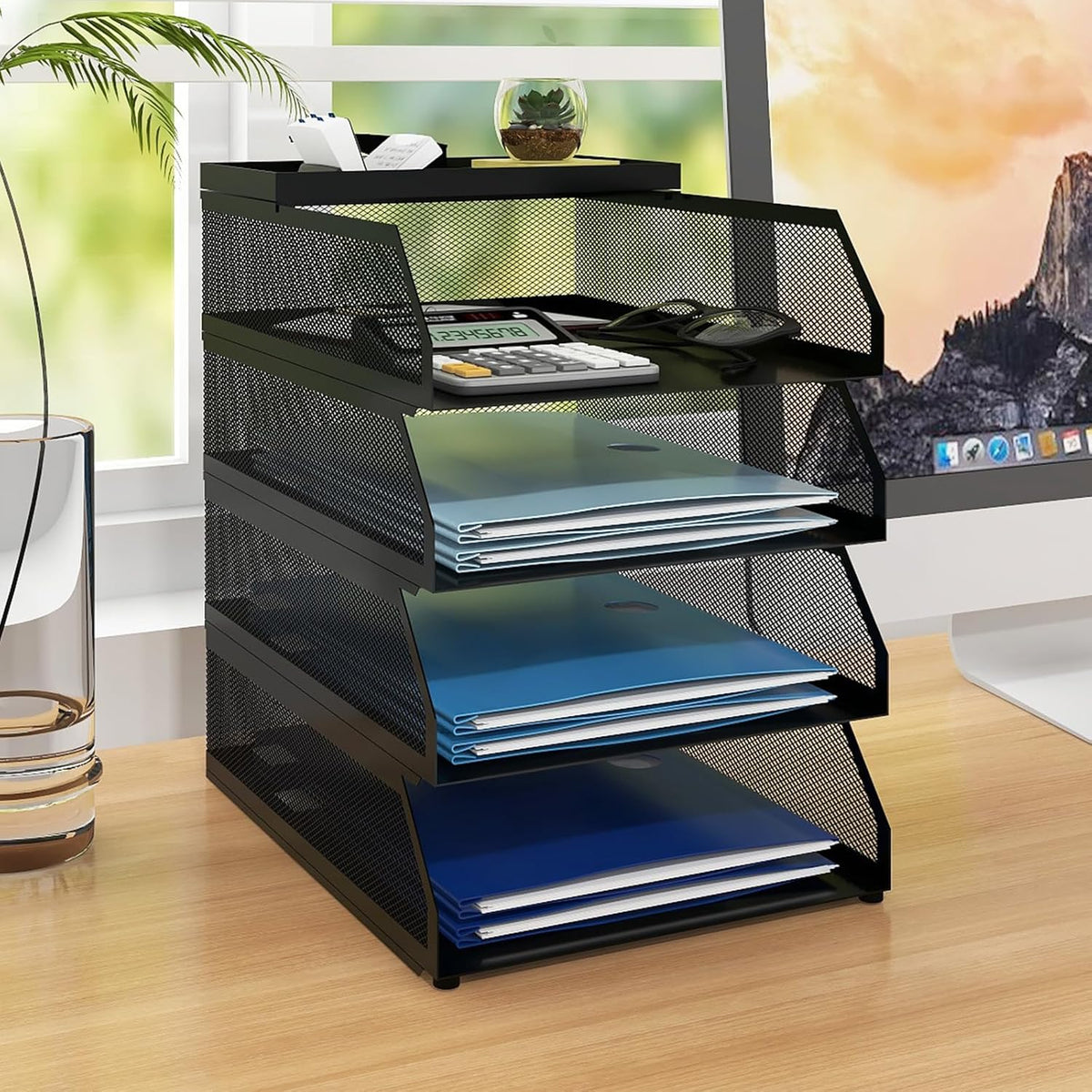4-Tier Stackable Metal Mesh Desk Paper Tray Organizer,Black