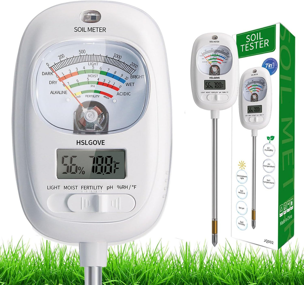 HSLGOVE Soil Test Kit, 7-In-One Soil Moisture Meter/Soil PH Meter/Fertility, Dual Screen Soil Tester W/Digital Soil Temp/Air Temp&Humidity for Plants Gardening,Lawn,Farm Indoor&Outdoor-Lvory White