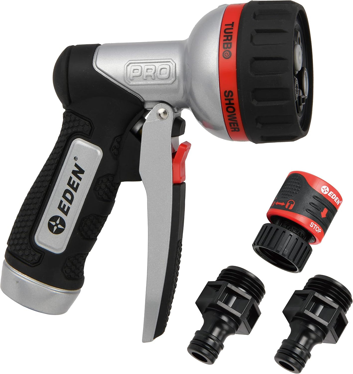 Eden PRO Metal 6-Pattern Hose Nozzle: Front Trigger, Cyclonic Turbo Spray