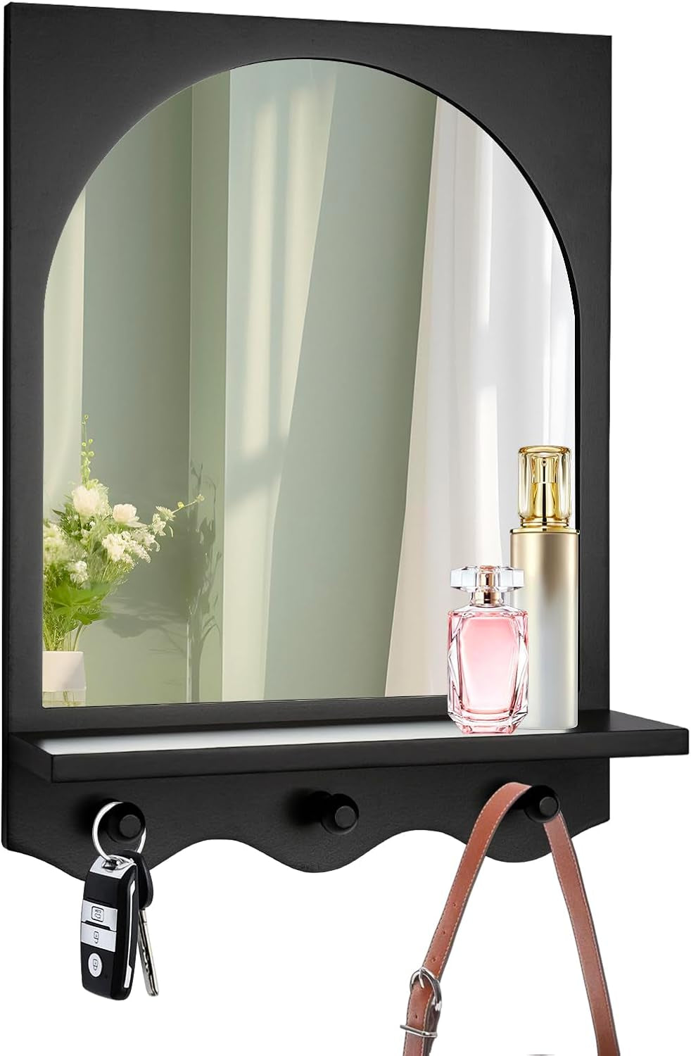 SANY DAYO HOME Black 16"X12" Wood Framed Arched Mirror with Shelf and 3 Hooks, Wall Mounted Decorative Real Glass Hanging Mirror for Entryway, Bathroom, Bedroom, Laundry Room