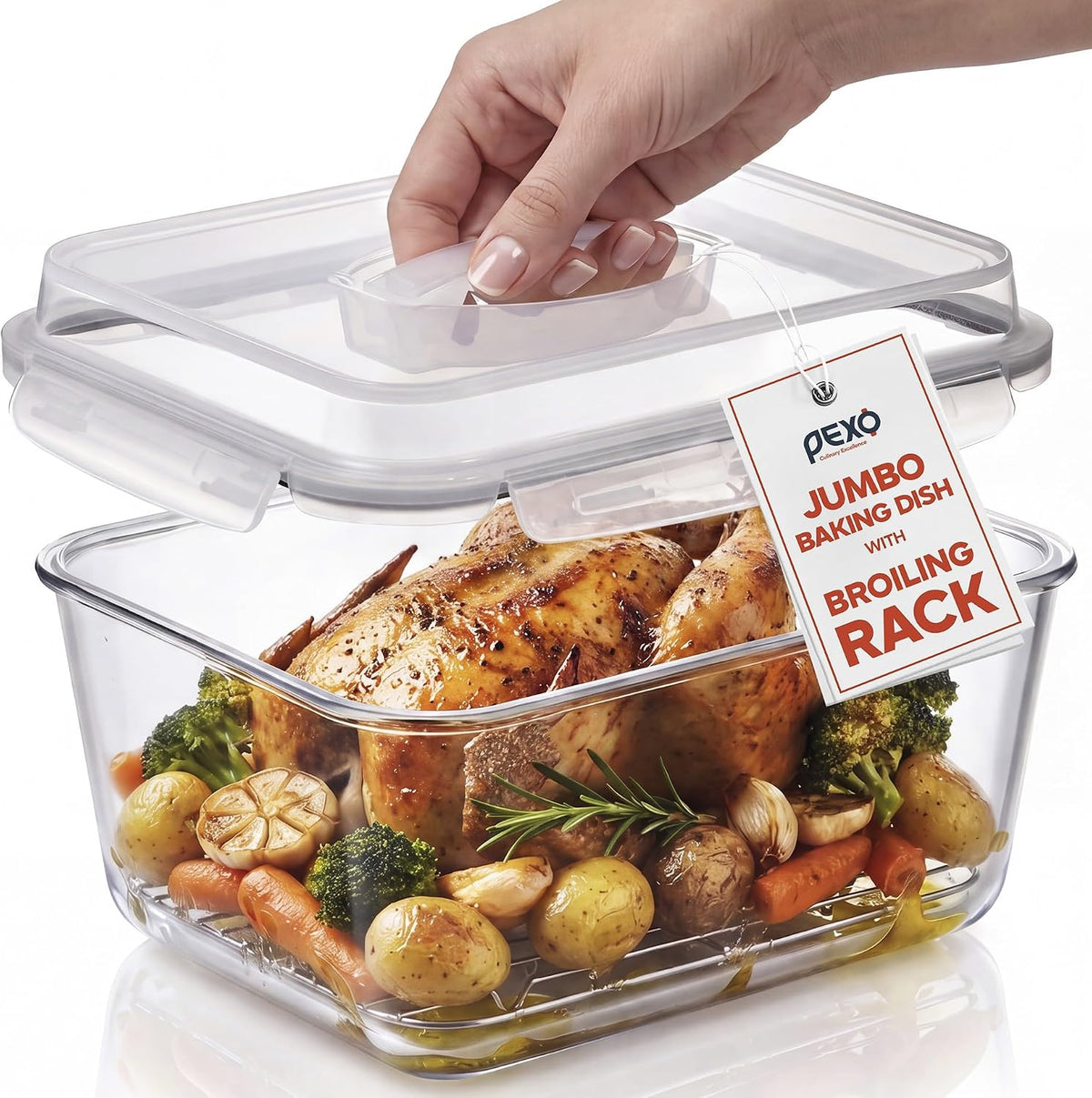Pexo 6600 ML / 230 Oz / 28 Cup Extra Large Glass Food Storage Container with Stainless Steel Rack for Broiling, with Airtight Locking Lid, Clear Jumbo Size, Ideal Storing Food, Vegetables, Fruits. Baking Casserole, Lasagna, Roasting Turkey, Chicken BPA Fr