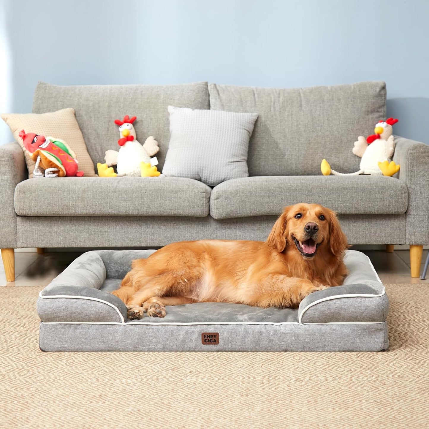 EHEYCIGA Orthopedic Dog Beds for Large Dogs, Waterproof Memory Foam Large Pet Bed with Sides, Non-Slip Bottom and Egg-Crate Foam Dog Couch Bed with Washable Removable Cover, Grey