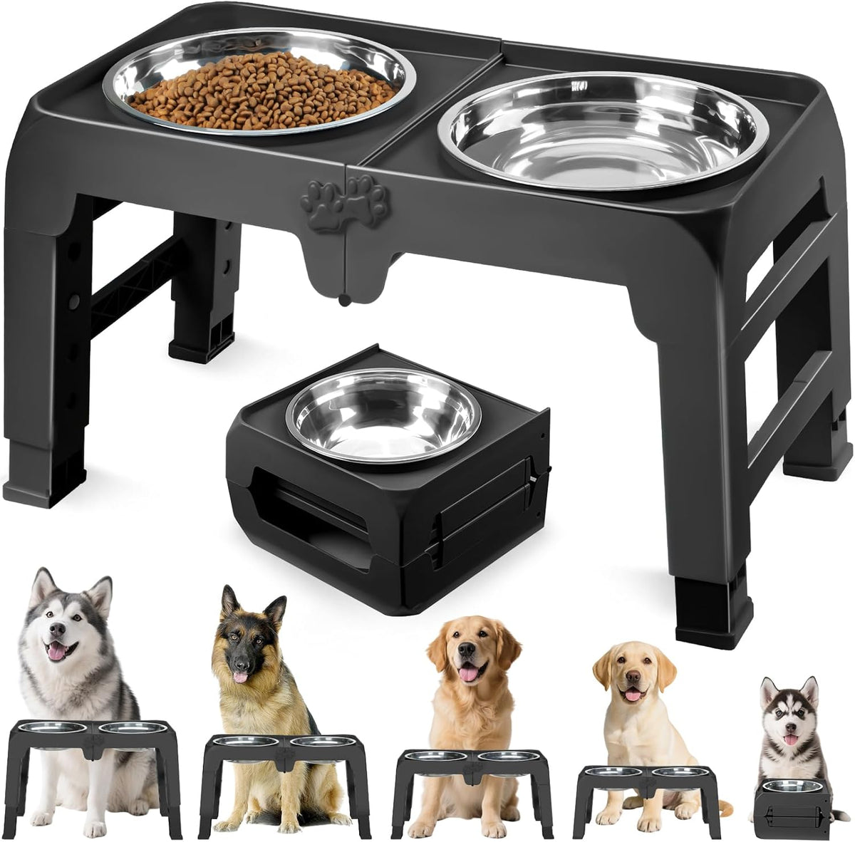 Elevated Dog Bowls for Large Dogs 5 Adjustable Heights 7.5"-15.4", 2 X-Large 10” Stainless Steel Bowls, Heavy Duty Raised Dog Bowl Stand Foldable Pet Feeder for Dogs Shoulder Height over 15”, Black