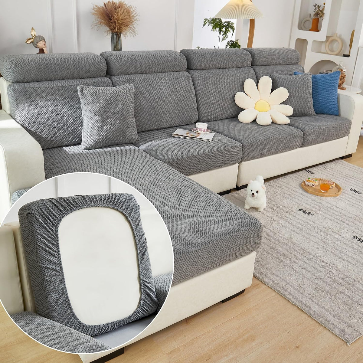 Yoovat Couch Cushion Covers for Sofa Couch Covers Wear-Resistant Universal Sofa Cover Washable Stretch for Sectional Slipcovers (Texture-Gray,Large Single Seat Cover)