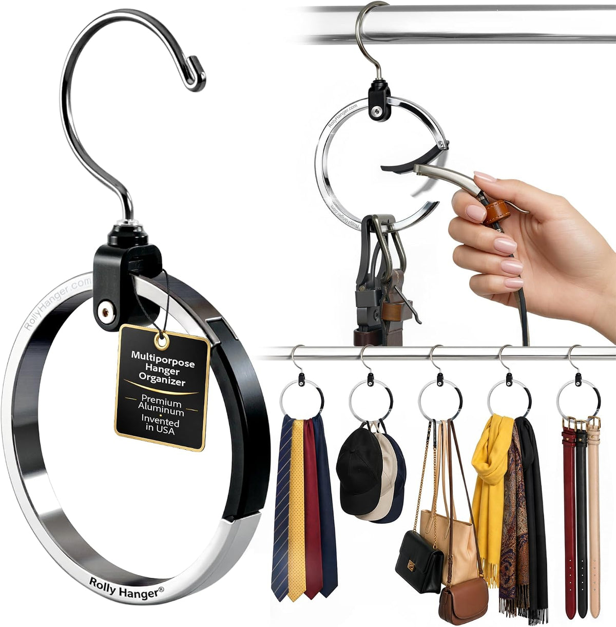 Rolly Hanger® Rotating Closet Organizer, Aluminum Ring Accessory Hanger with 360° Swivel Hook & Spring Latch, Space Saving Holder for Belts, Hats, Ties, Scarves, Purses & Handbags (1 Pack)