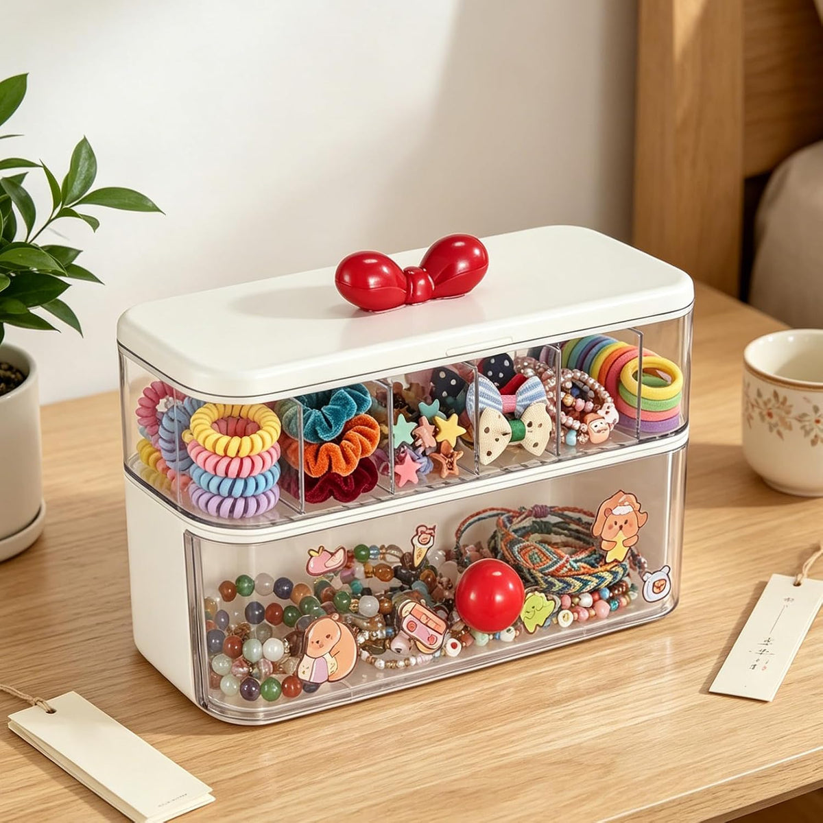 Rainme Hair Tie Organizer for Girls, Headband Organizer, Clear Plastic Hair Bow Tie Small Clip Holder with Dividers Multi Purpose Storage Box Women Vanity Accessories for Caddy Box Bathroom Bedroom