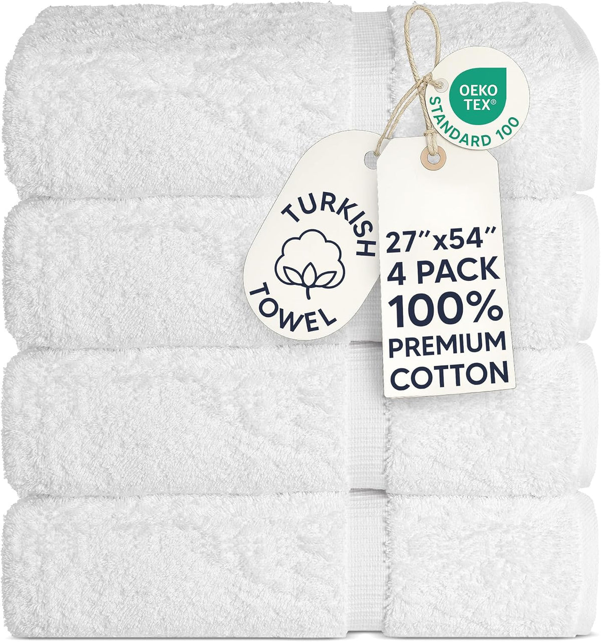 Chakir Turkish Linens 100% Cotton 4-Pack Bath Towels 27X54, White