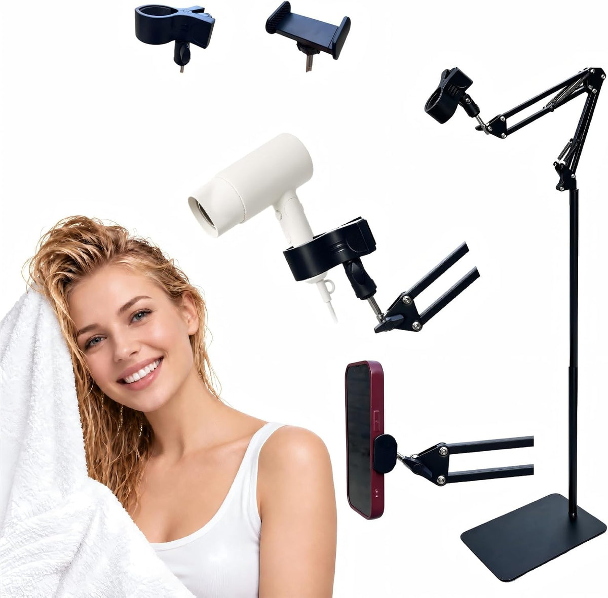 Hands-Free Hair Dryer Stand with Phone Holder – Adjustable Height 15.7 – 68.9 Inch, 360° Rotating Arm, Heavy-Duty Metal Base, Universal Clamp Fits 99% Dryers, Bathroom, Salon, Pet Grooming