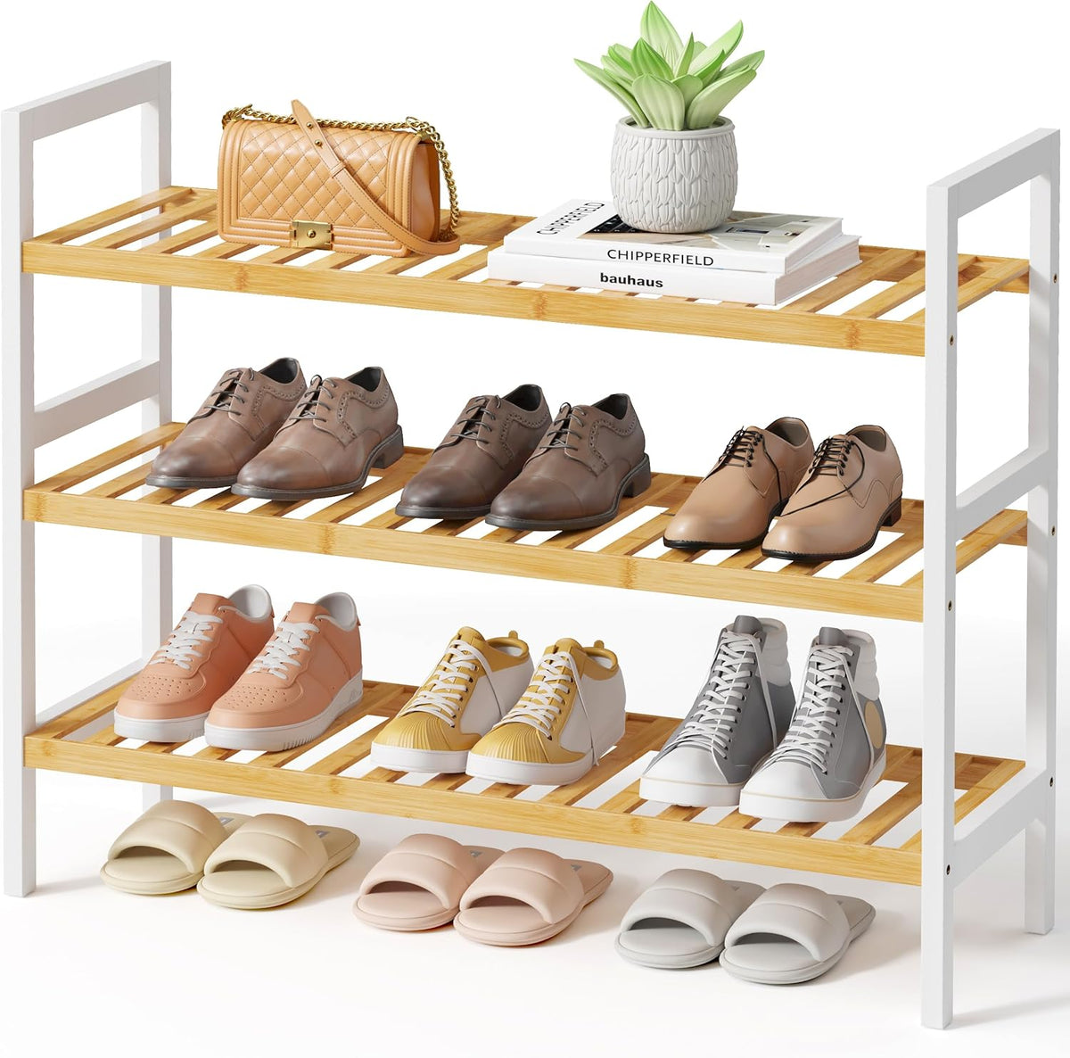 Kitsure Bamboo Shoe Rack for Entryway, 27.5" X 9.8" X 25.6", Natural/White