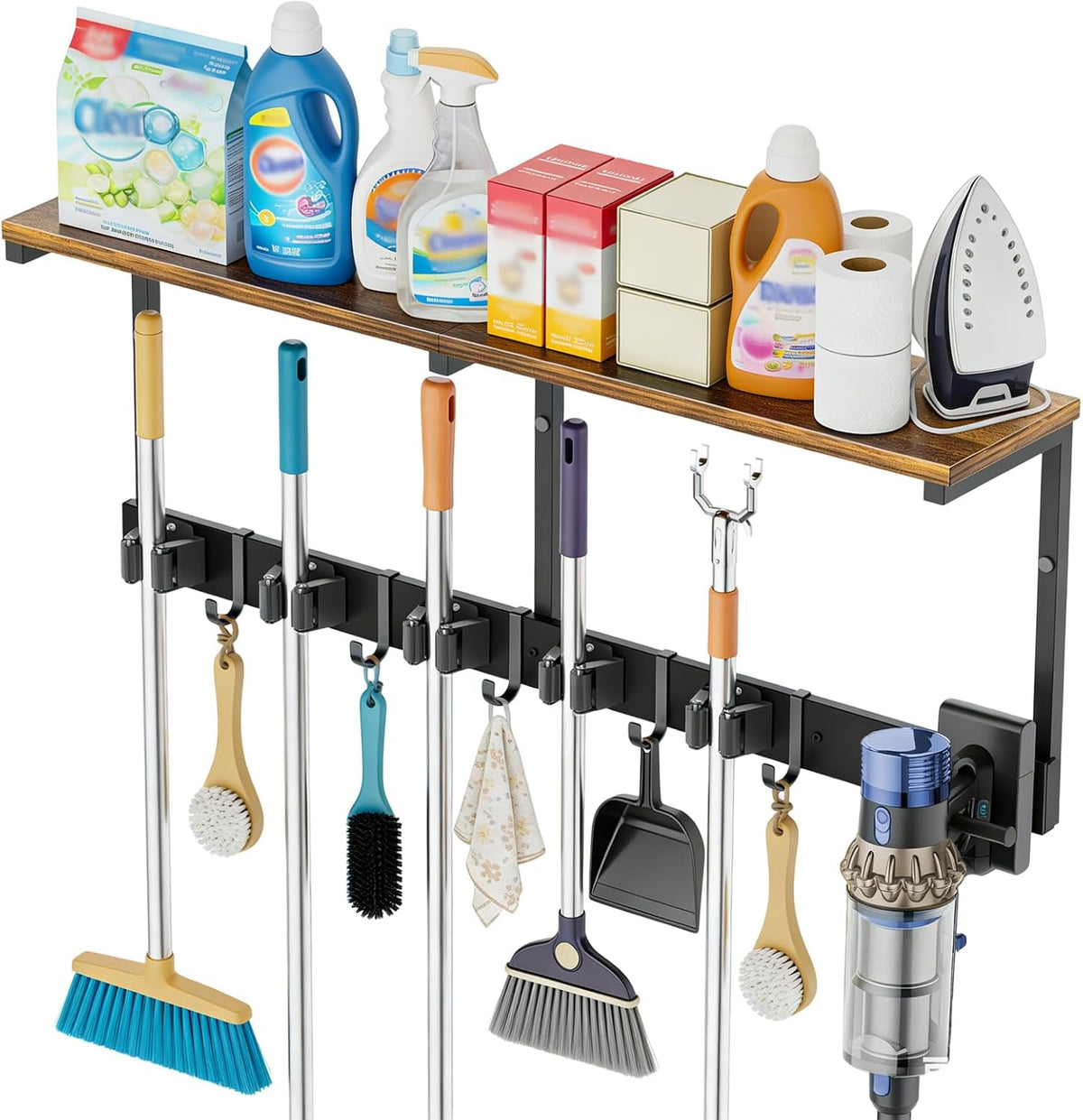 3 in 1 Broom Holder Wall Mount with Shelf, Broom Hanger, Black