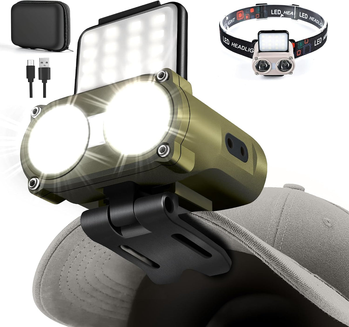 Hopedone 2-In-1 Rechargeable Headlamp & Hat Light, 800LM Clip-On Cap Light