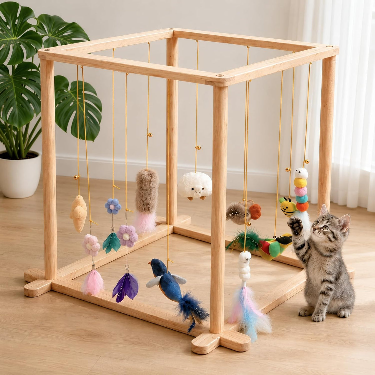Wooden Cat Play Gym with 12 Hanging Toys for Kittens