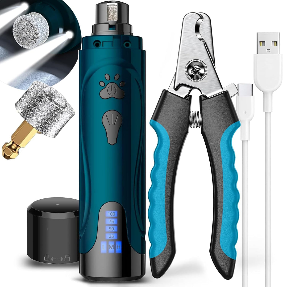 YABIFE Super Quiet Dog Nail Grinder & Clippers Kit with 2 LED Lights, 3 Speeds up to 12,000 RPM, Lower than 30Db Electric Pet Nail Trimmer for Small Medium Large Dogs and Cats