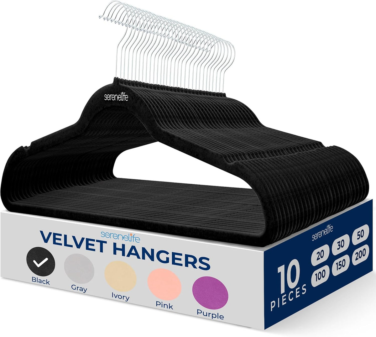 Serenelife 10-Pack Black Velvet Clothes Hangers, Non-Slip & Heavy Duty