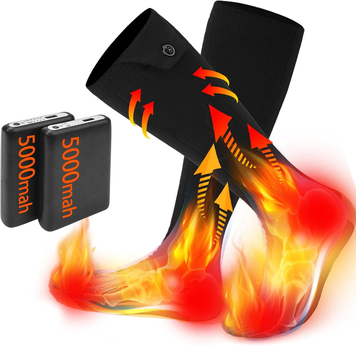 Electric Heated Socks for Men Women with 5V 5000Mah Battery Foot Warmer 360° Toe Heating Electric Socks with 4 Levels Heat Settings Suitable for Outdoor Skiing, Winter Camping, Hiking (Black)
