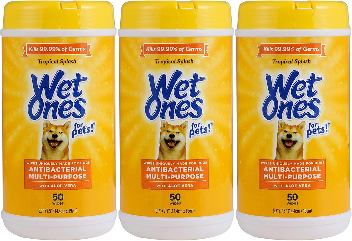 Wet Ones for Pets Antibacterial Dog Wipes, Multi-Purpose Grooming Wipes with Aloe Vera for Paws, Face & Body, Easy Cleanups between Baths, Tropical Splash Scent, 5.7 in X 7.5 In, 50 Count - 3 Pack