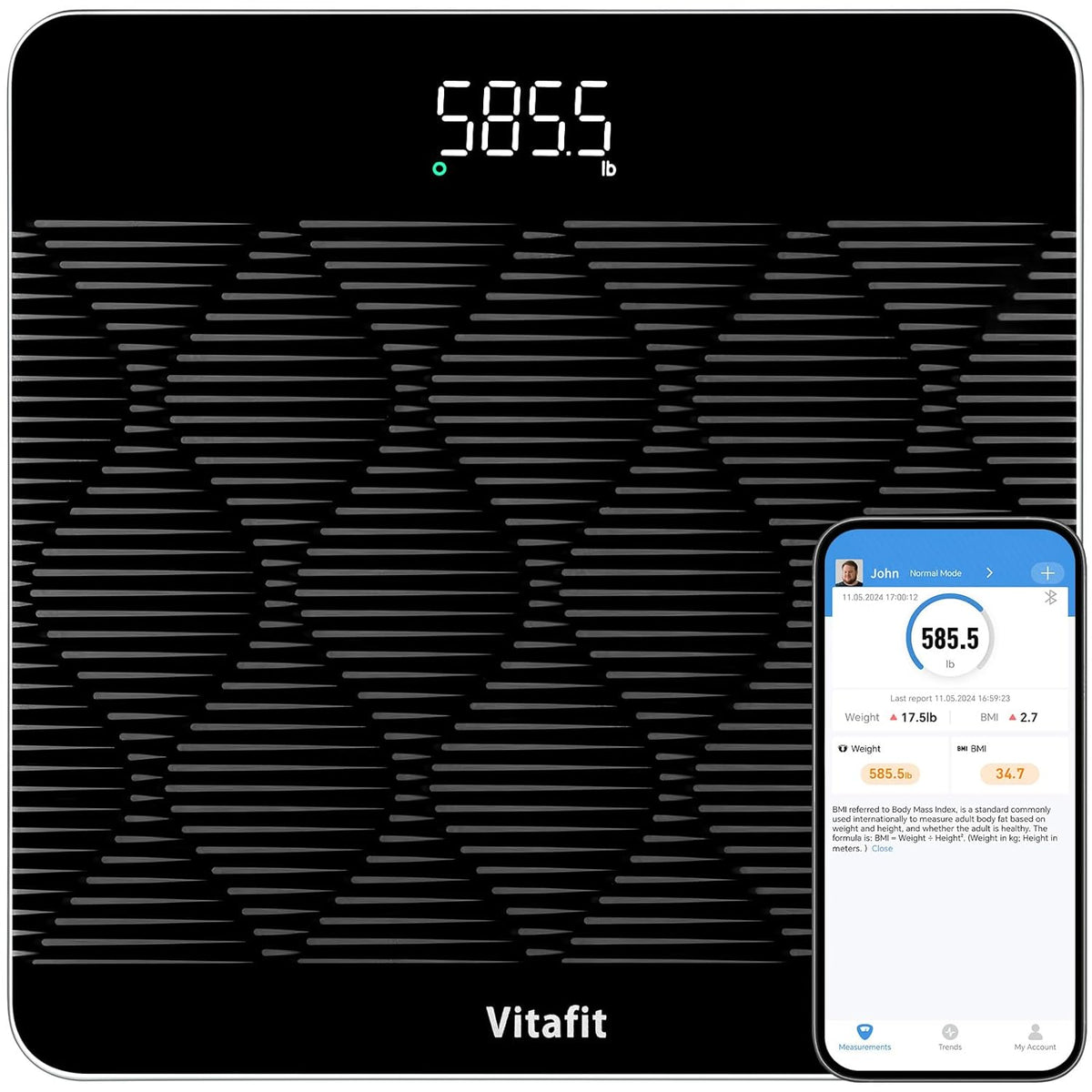 Vitafit 660Lb Smart Bathroom Scale for Body Weight Accuracy 0.1Lb,Led,Black
