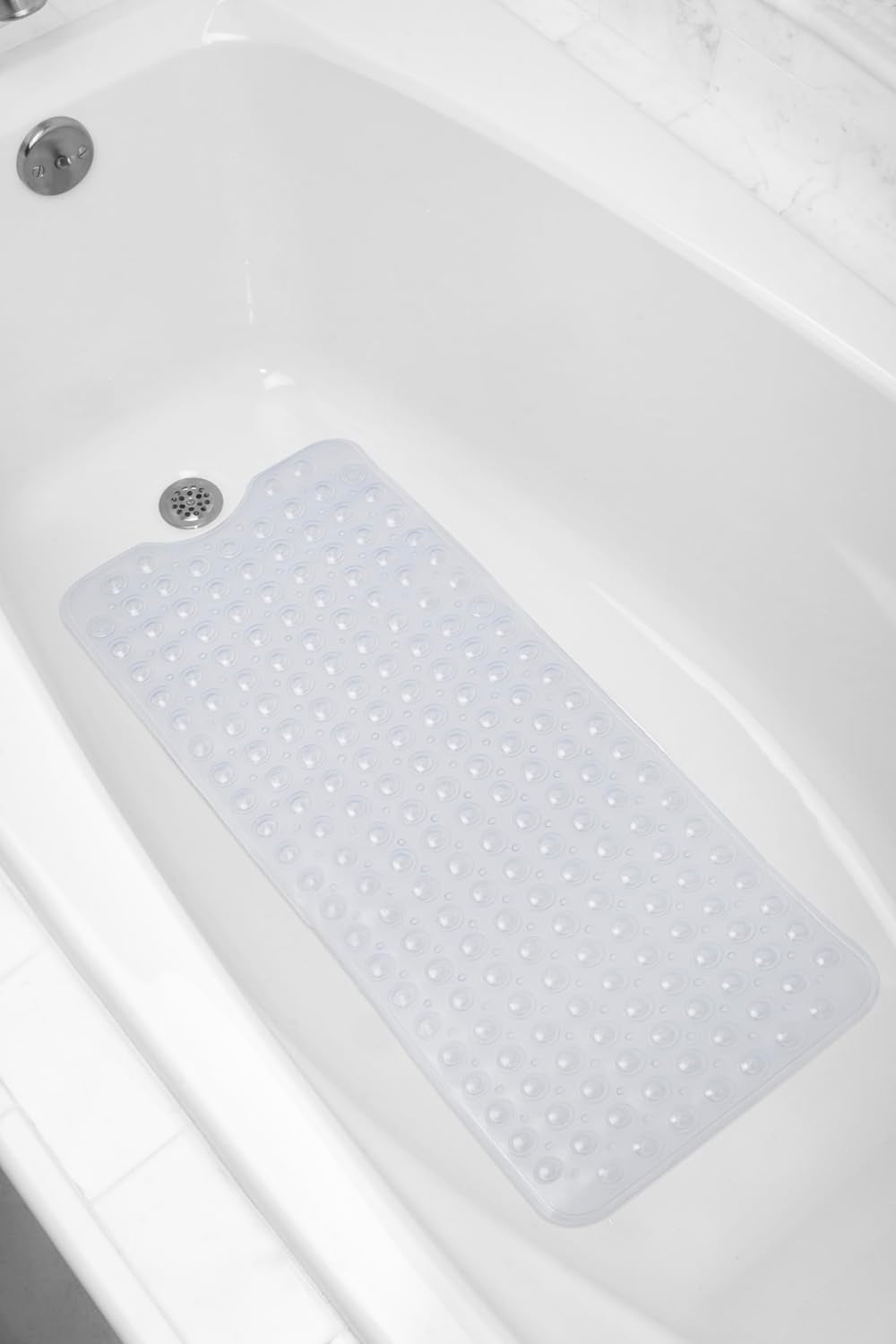 Zenna Home Bath Tub Shower Mat, Non Slip Extra Large Bathtub Mat with Suction Cups, Textured Bubble Design for Comfort, Bathroom Essential with Curved Drain Cutout, 39.5 X 15.8 Inch, Clear