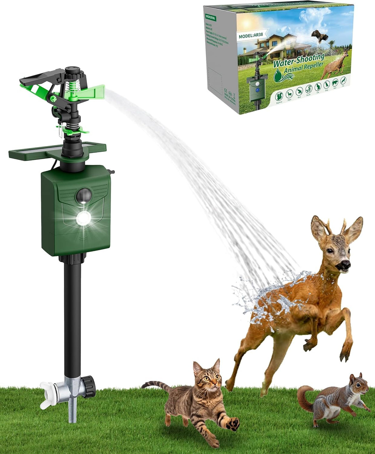 Solar Motion-Activated Animal Repellent Sprinkler with Metal Stake