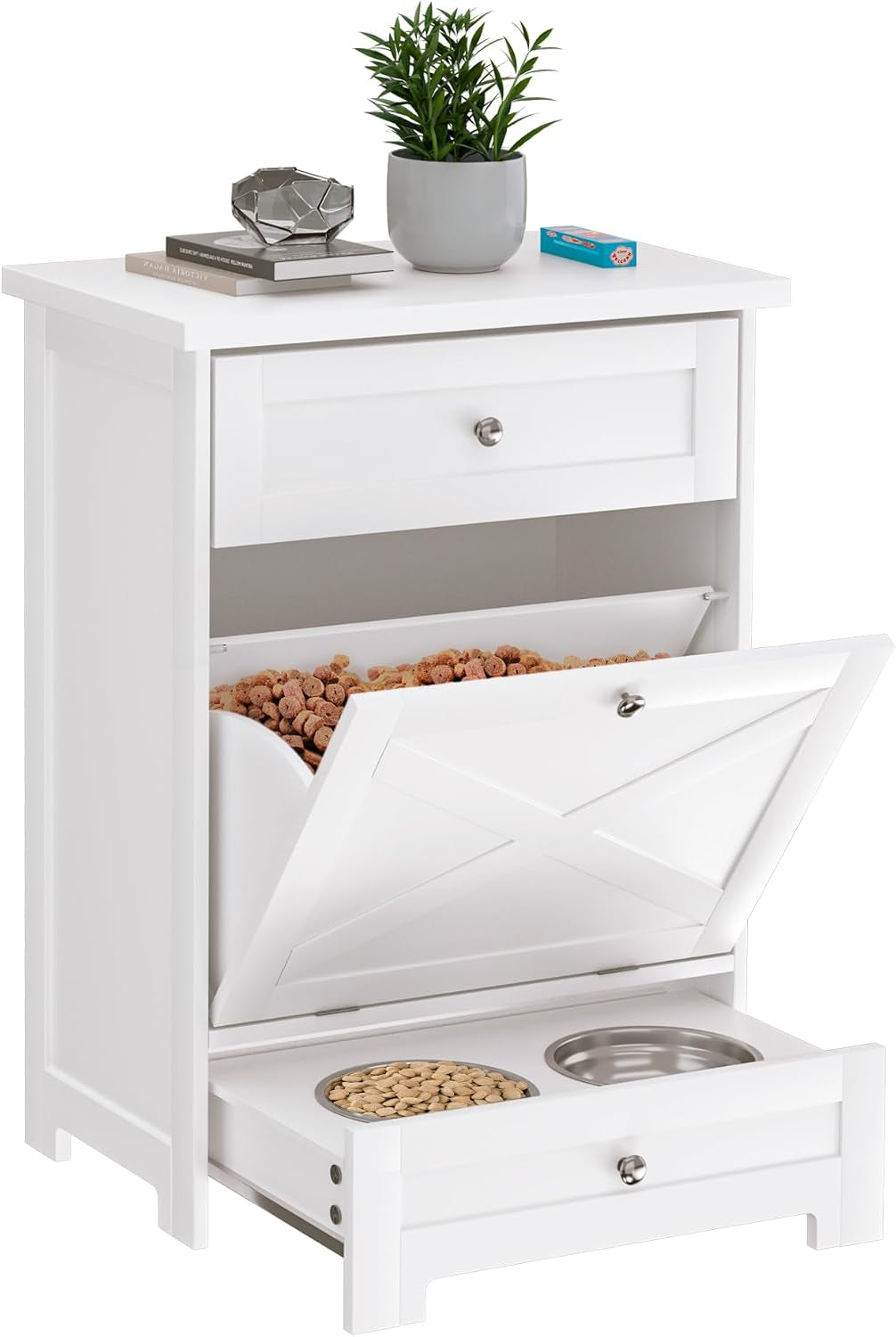 Dog Feeding Station with 2 Elevated Bowls,Hidden Pet Feeder Station with Tilt Out Dog Food Storage Cabinet,Dog & Cat Storage Organizer with Drawer,White