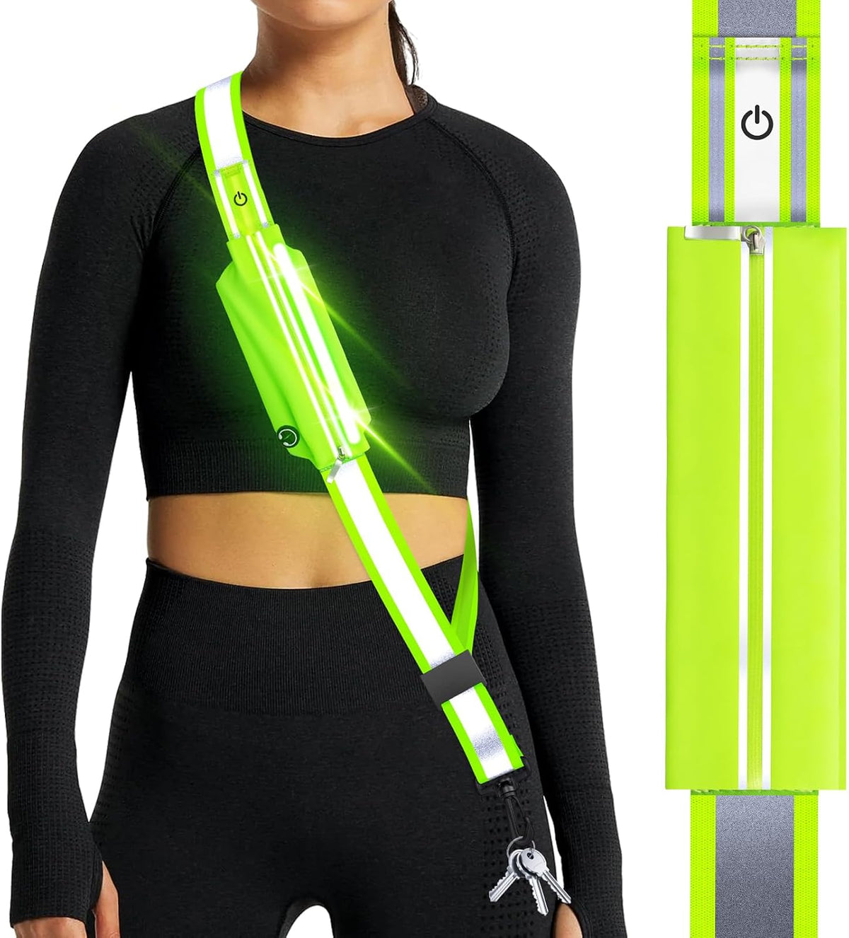 Ylzzrs LED Belt Reflective Sash for Walking at Night,High Visibility Adjustable Night Running Safety Gear,Light up Running Belt Reflective Gear with Phone Bag/Armband for Runners Walkers Men Women