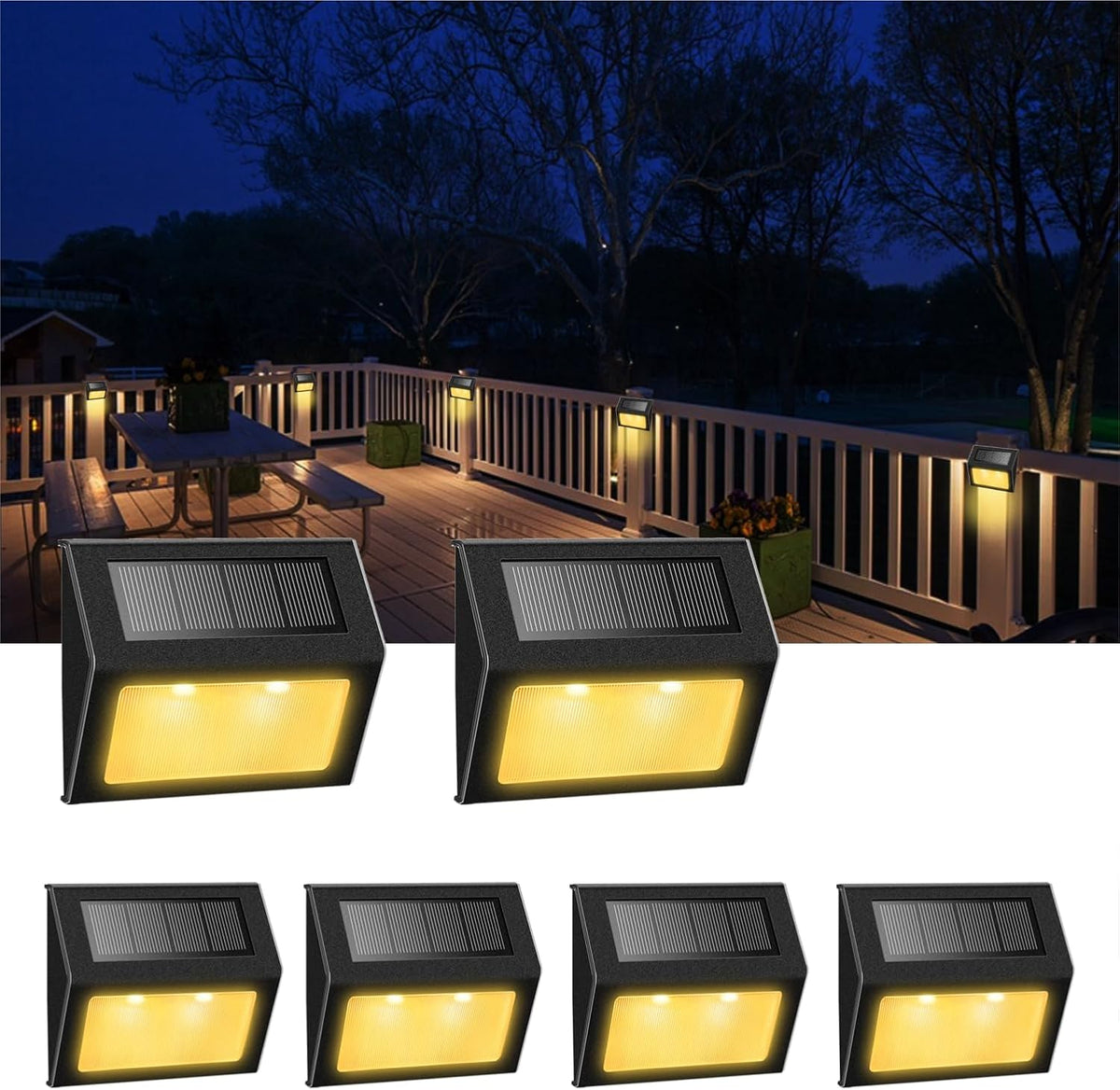 XLUX Warm White Solar Lights for Deck Step Fence, Black SST Housing, 6 Pack