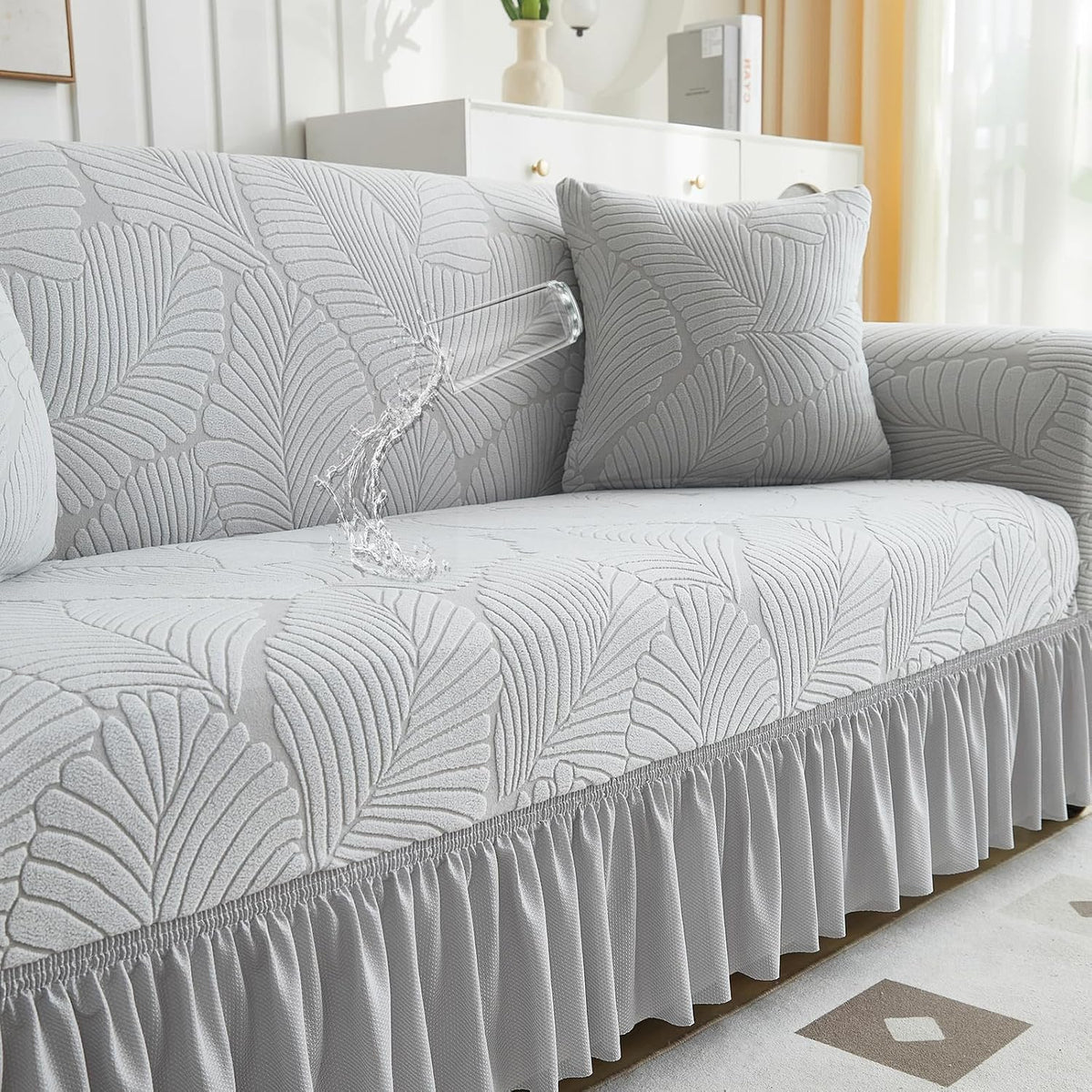WONGS BEDDING Stretch Velvet Sofa Slipcover, Cushion Couch Cover with Skirt, Pet Friendly Durable Washable Stretchable, Easy Fit Universal Furniture Protector, (45"-66",Light Gray)