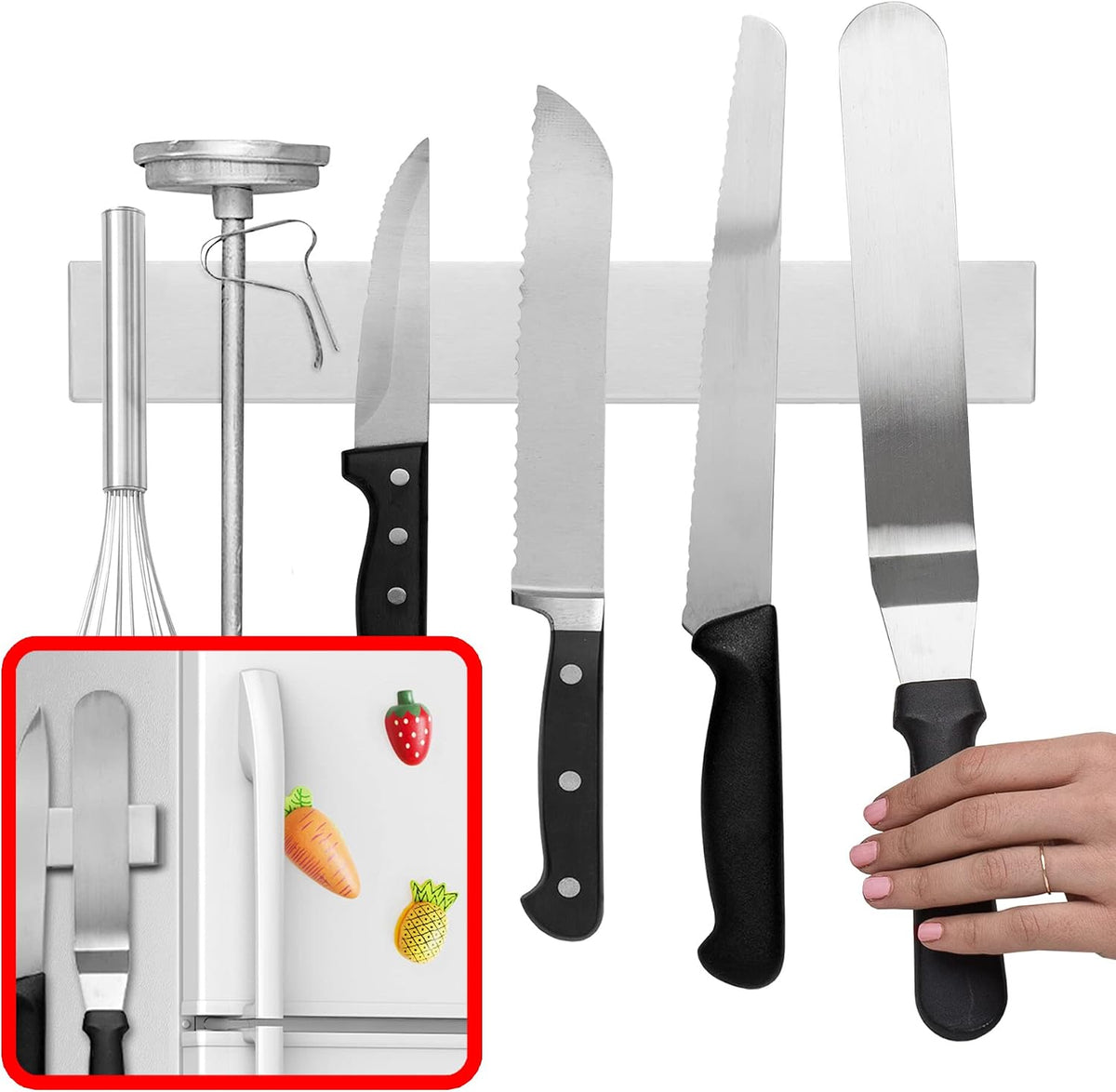 Modern Innovations 12 Inch Magnetic Knife Holder for Refrigerator, Magnetic Knife Holders for Fridge or Kitchen Wall No Drilling, Magnet Strips for Knives & Metal Utensils, Tool Rack, Stainless Steel