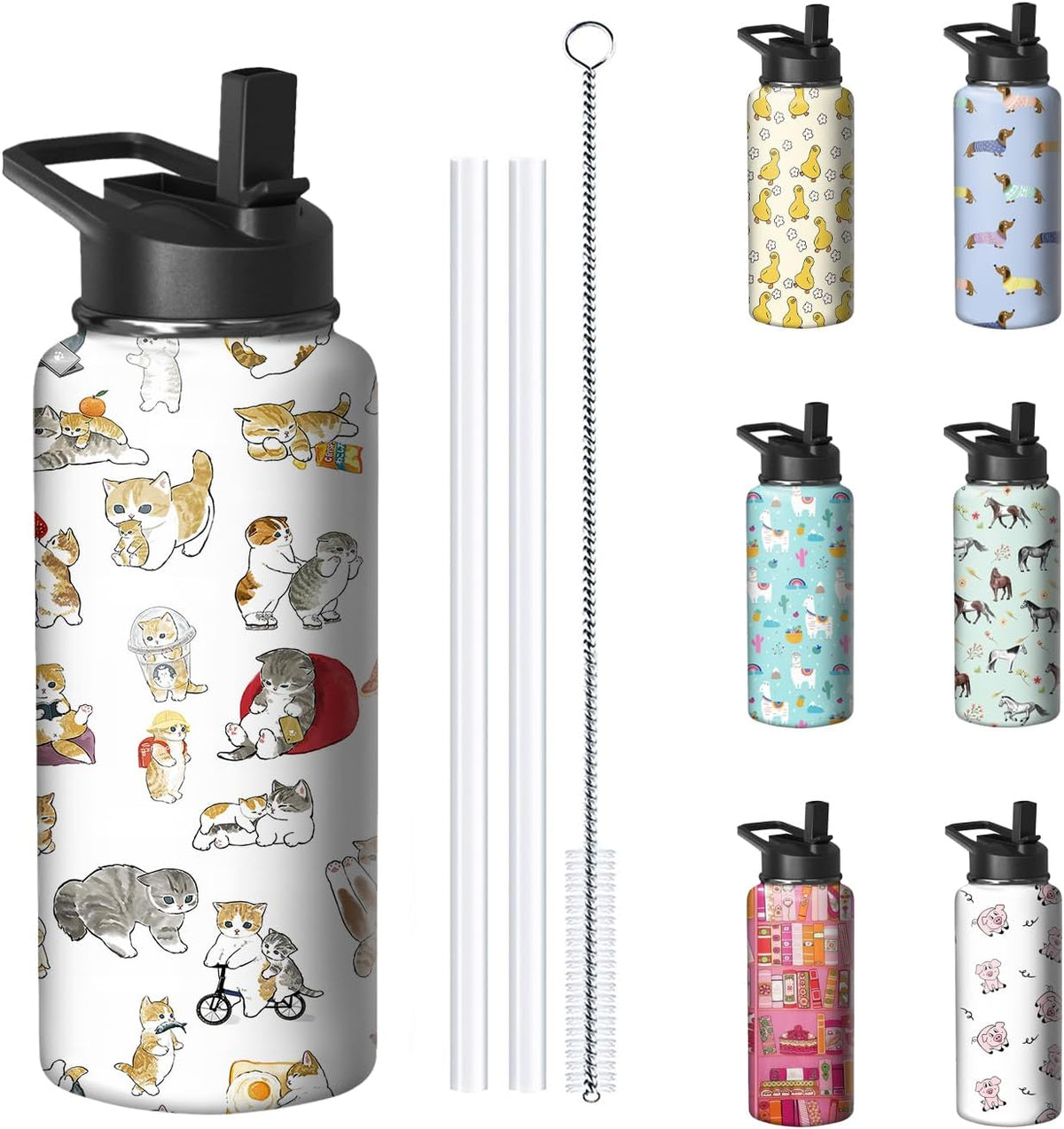 32Oz Cat Water Bottle with Handle and Flip Straw, Pixel Sports Stainless Steel Insulated Cup Travel Coffee Mug Tumbler, Birthday Mothers Day Chritmas Gifts for Women