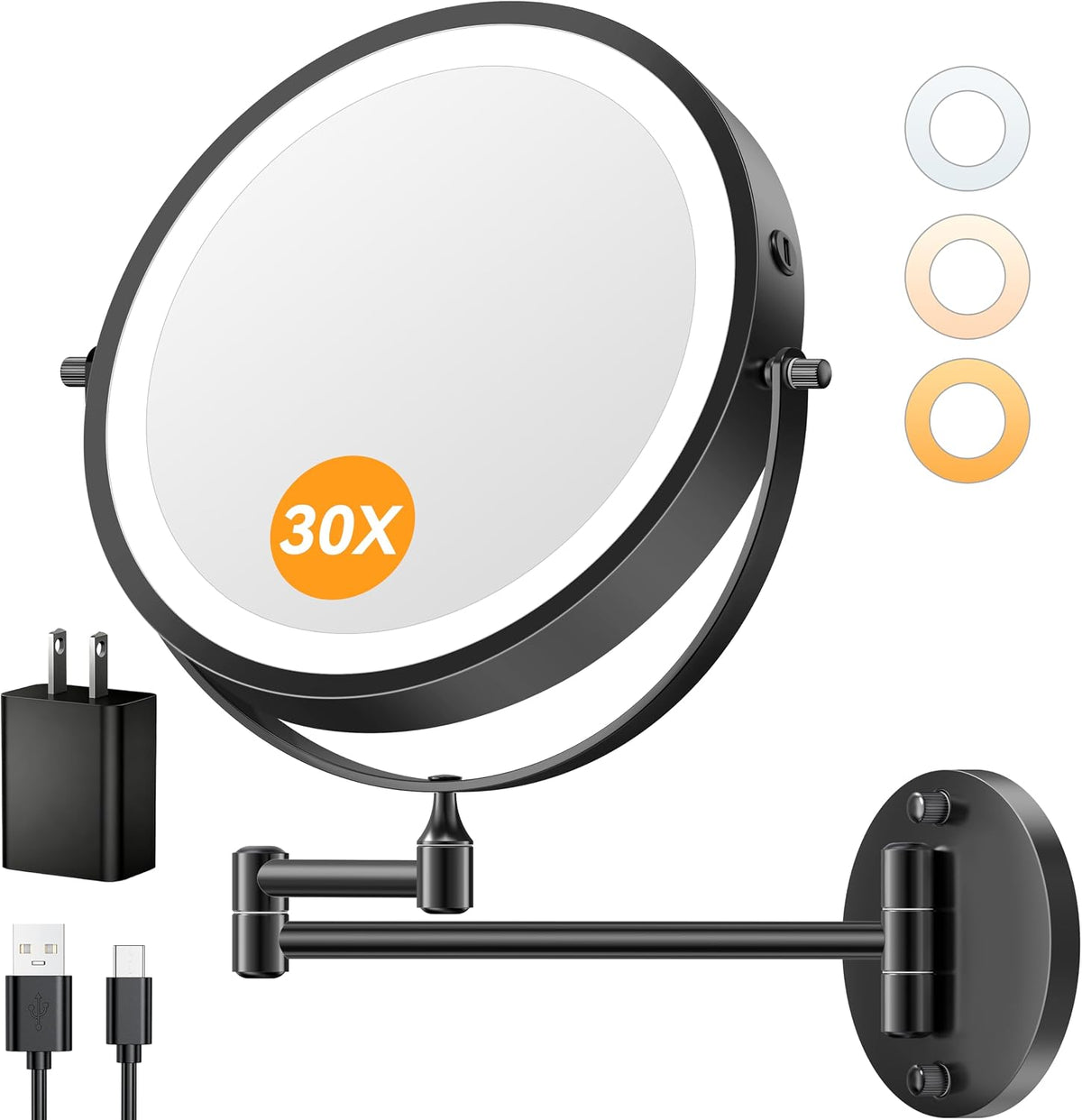Auxmir 9โณ 5000Mah 1X/30X Wall Mounted Lighted Magnifying Makeup Mirror