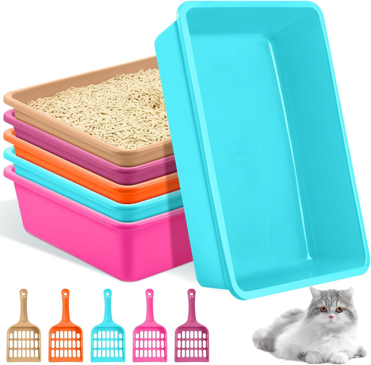 Amyhill 5 Pcs Open Cat Litter Box Kitten Litter Pan with 5 Scooper Medium Plastic Pet Tray Durable Nonstick Kitten Box for Indoor Pets Cats Rabbit Supply Easy to Clean, 14.6X10.6X3.4 Inch(Multicolor)
