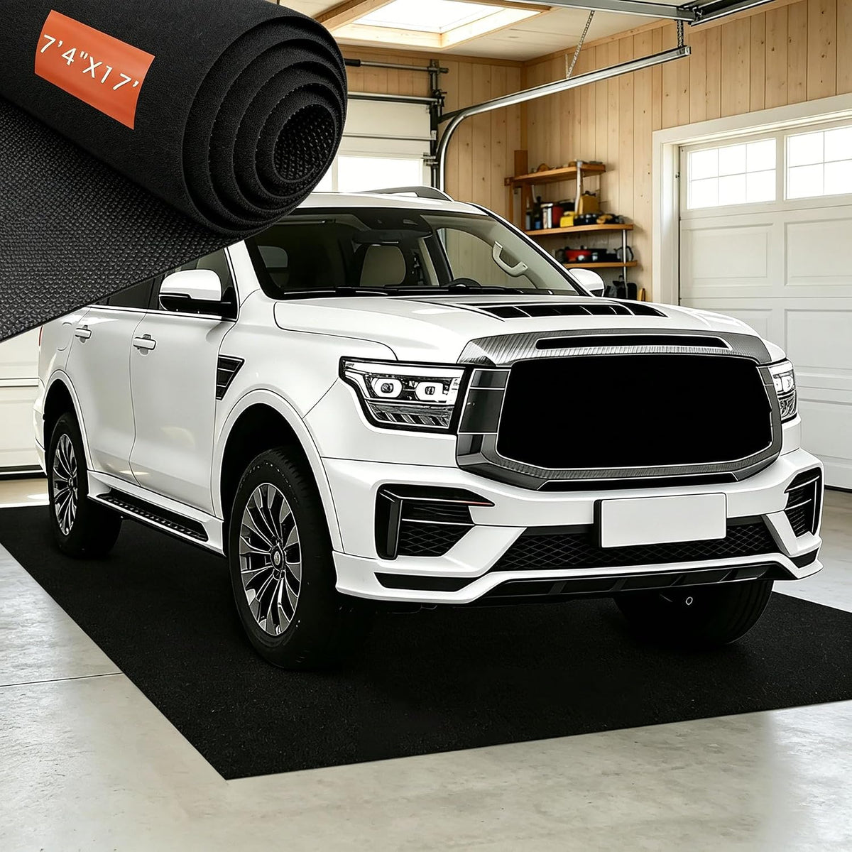 7'4"X17' Oversized Garage Floor Mat - Oil & Fluid Absorbent, Leak-Proof Rubber Backing, Heavy Duty All-Weather Protector for Car Sedan SUV Trucks & Rvs, Trimmable Non-Slip