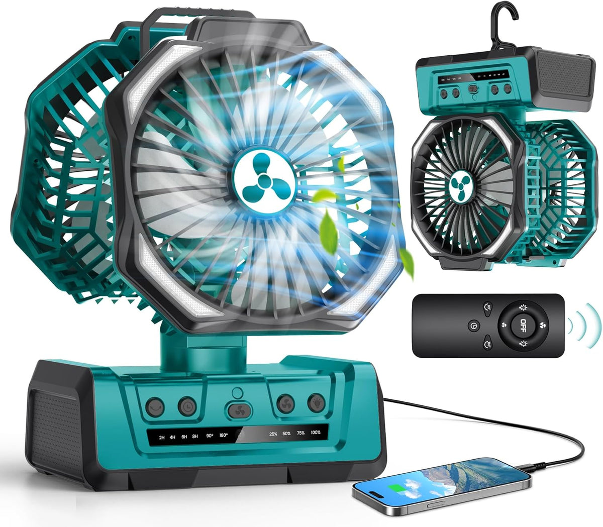 Dual Head Portable Rechargeable Fan 20000Mah Battery Powered Fan Camping Cordless with 360° Air Delivery, LED Lantern & Remote, Auto Oscillation, Battery Operated for Tent Office Travel Picnic Jobsite