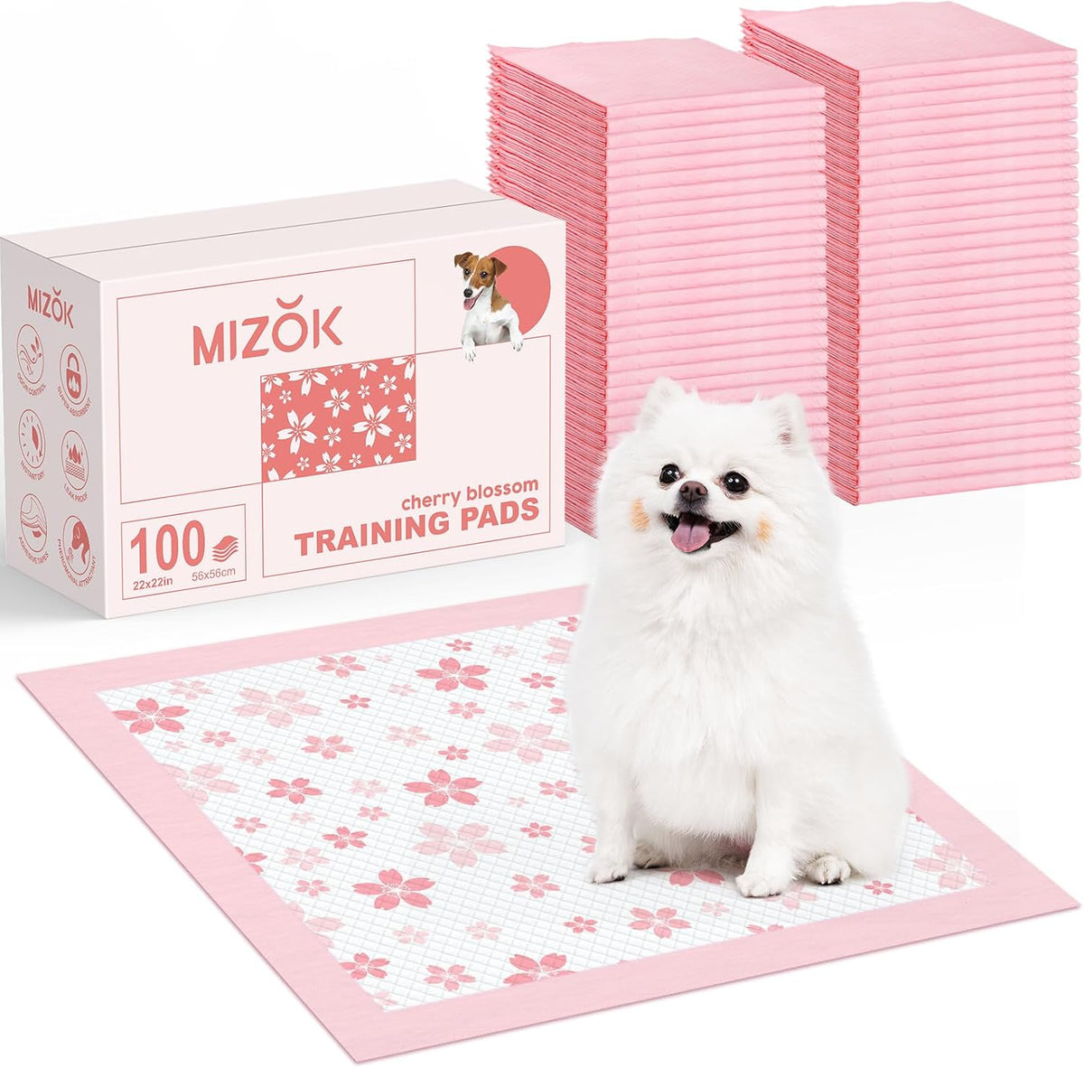 MIZOK Pink Puppy Pads with Adhesive Tabs Disposable No Leak 22X22In 100Ct