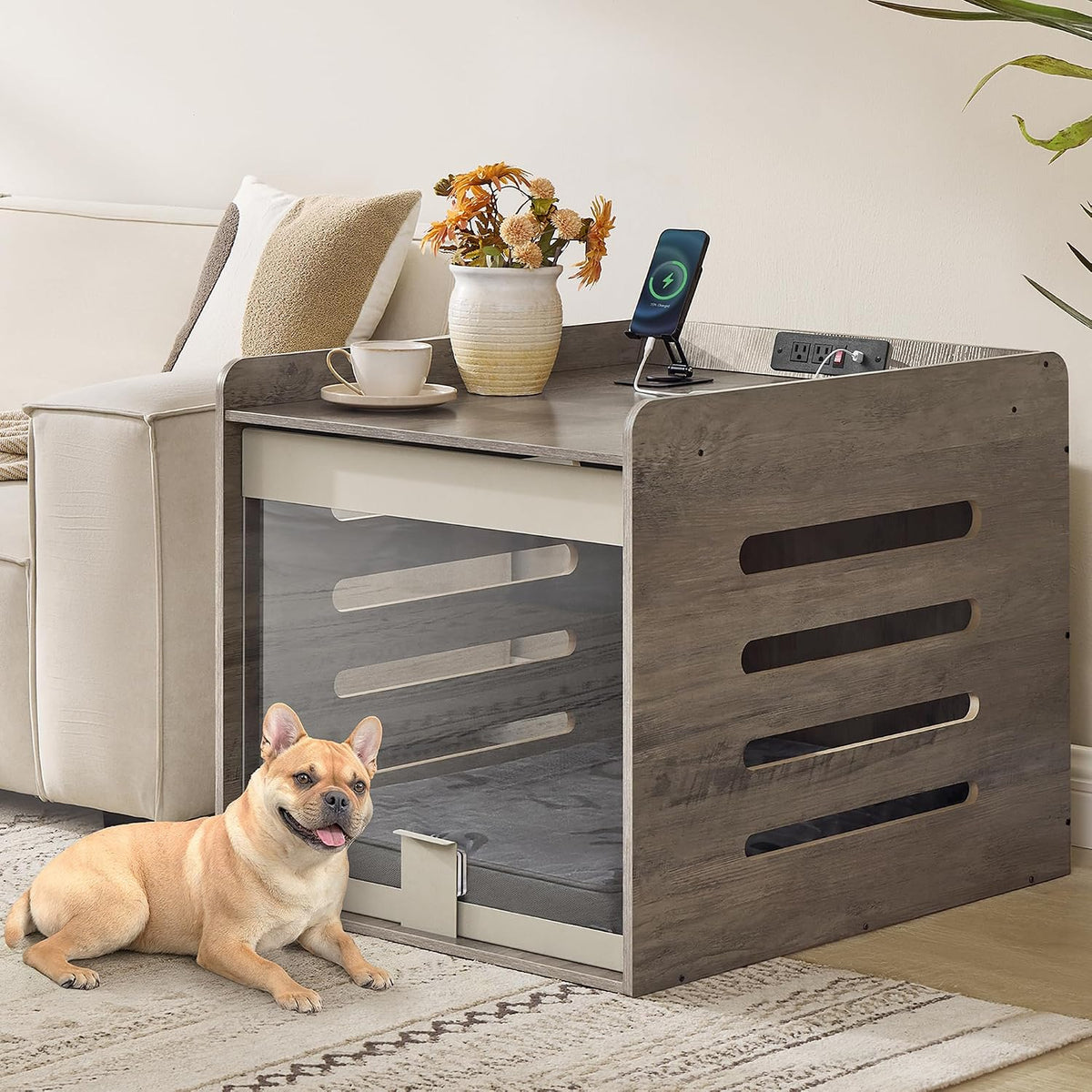 Feandrea Dog Crate Furniture, Flip-Up Hidden Acrylic Door, Charging Station