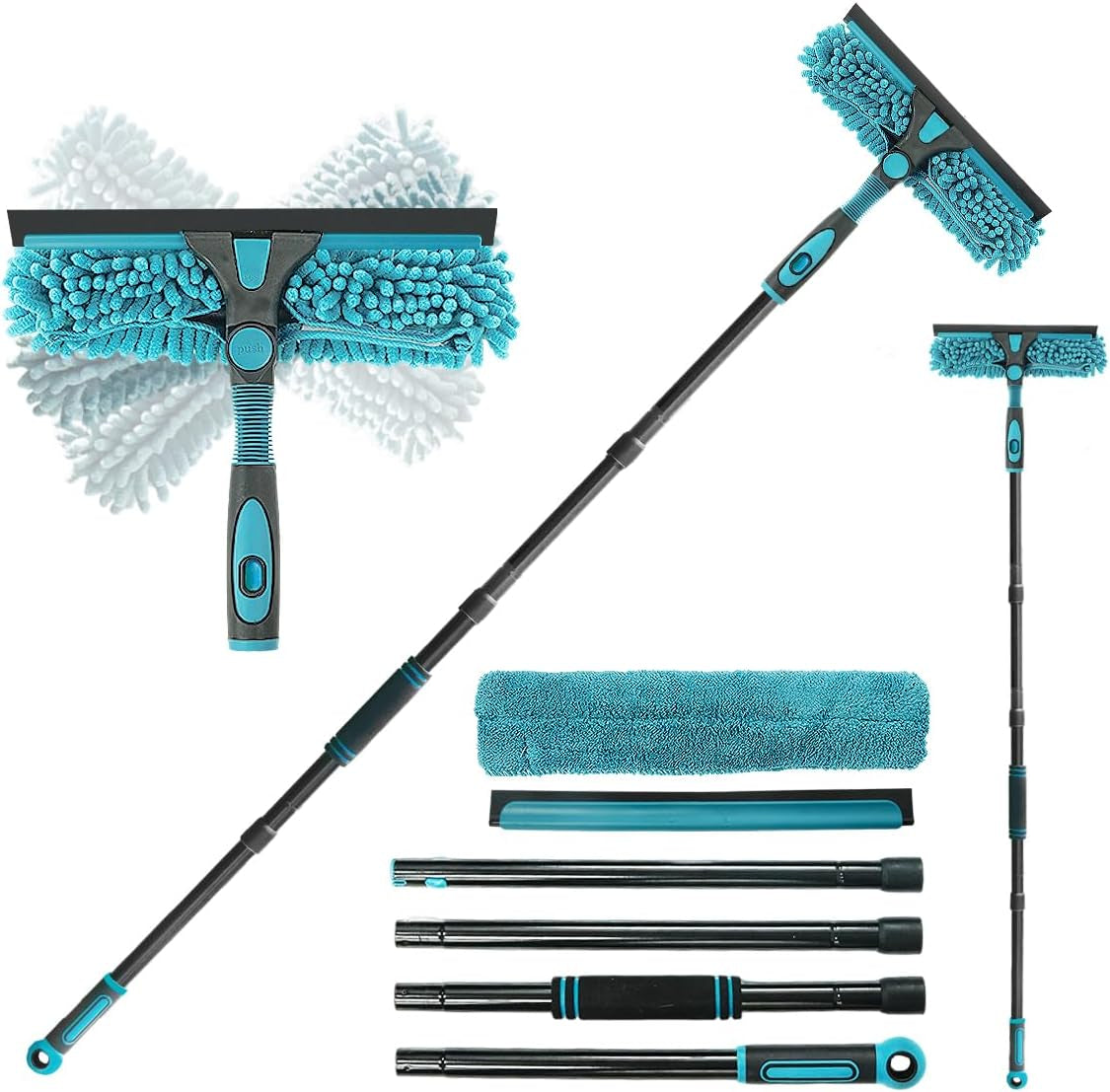 Buysenton Professional 2-In-1 Window Squeegee Cleaner Tool with 62" Extension Pole, Rotatable Bendable Head & Scrubber, Car Glass Cleaning Kit for Windows, Shower, Gas Station - 1 Blade 2 Scrubber