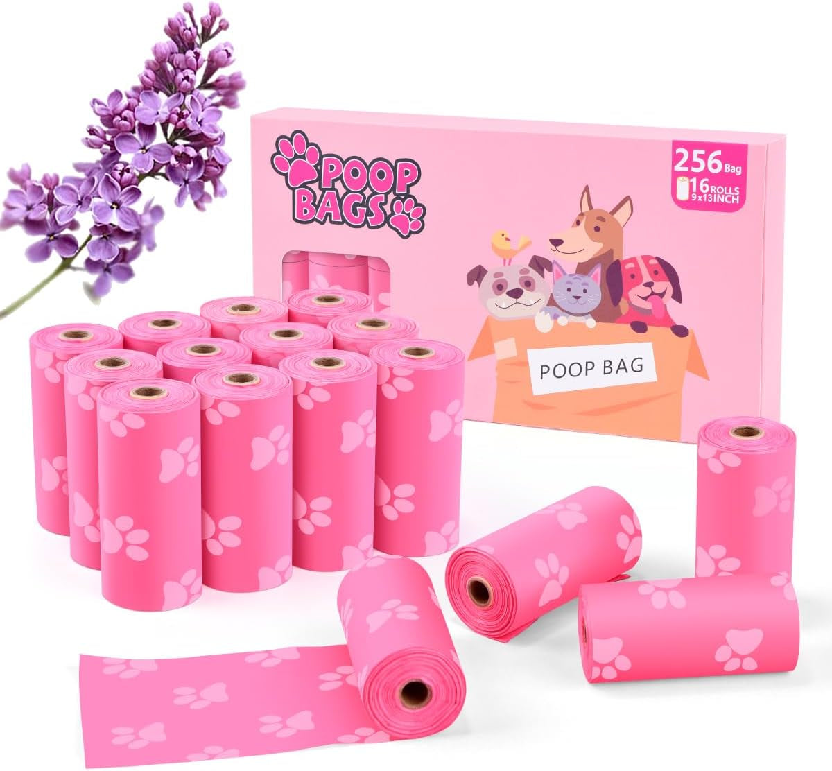 Poop Bags Rolls 256 Count - 9X13 Inches Pink Thickened Leakproof Lavender Scent Poo Bags for Dogs, Eco-Friendly Pet Waste Bags for Walking,Travel,Home.