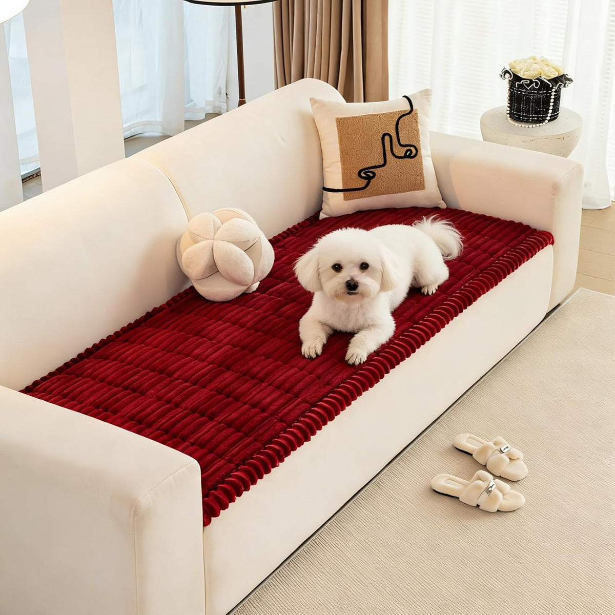 Pet Couch Cover for Dogs Washable, Pet Friendly & Anti-Slip Soft Fuzzy Couch Protector Sofa Pad Blanket Dog Mat Sectionals Slipcover 3 Cushion for Bed Floor Carpet Car Seat (Red, 27"X71")