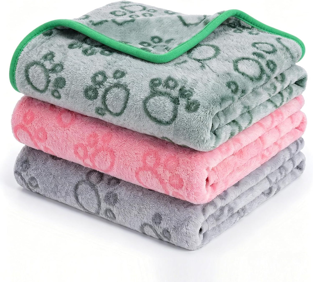 3 Pack Dog Blanket, Super Soft Cozy Fleece Puppy Blanket with Cute Paw Print, Machine Washable Pet Throw Blankets Ideal for Cat Dogs(Medium 30X20, Pink/Green/Grey)