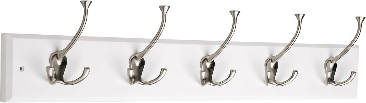Liberty Hardware 129848 Wall Mounted Coat Rack with 5 Decorative Hooks, 27-Inch, Satin Nickel and White