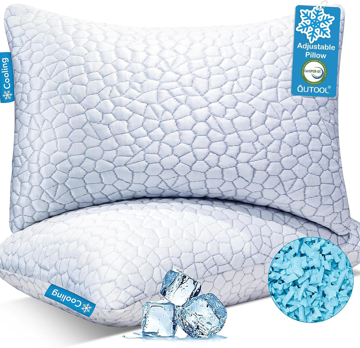 QUTOOL Cooling Pillow for Sleeping, Certipur-Us Shredded Memory Foam Queen Pillows Set of 2, Cool Pillow for Hot Sleepers Adjustable Firm Pillow for Side, Back, Stomach Sleepers Soft yet Support,White