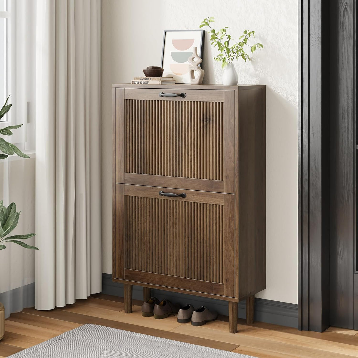 2 Tier Entryway Shoe Storage Cabinet Closed Space Saving Hidden Shoe Organizer with Ribbed Doors Freestanding for Hallway Bedroom Walnut Finish (Walnut, 24.4")