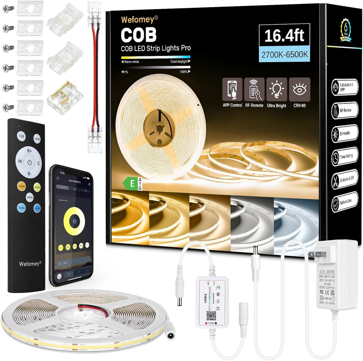 16.4Ft COB LED Strip Lights with APP Dimmable 2700K-6500K Tunable White