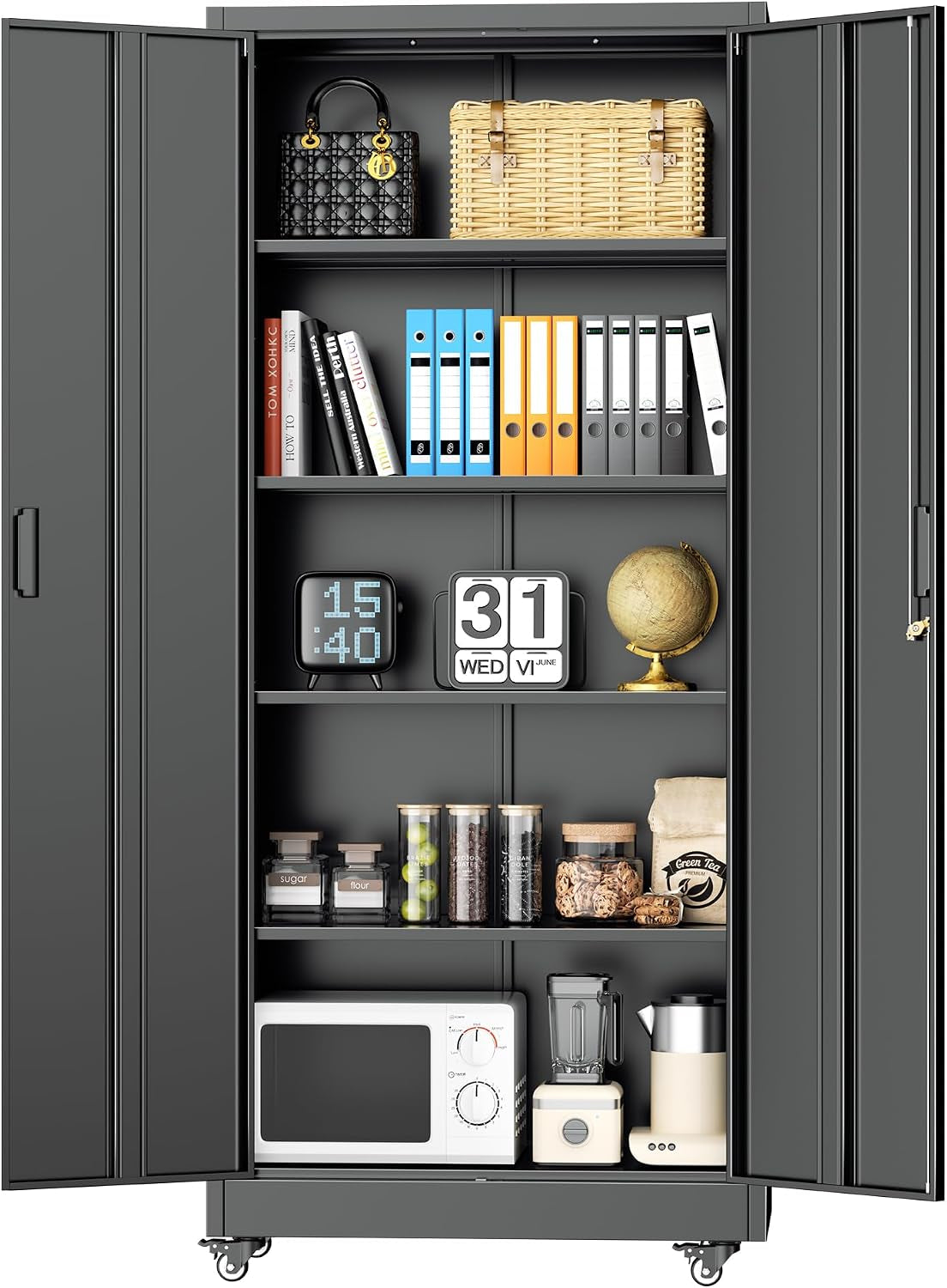 INTERGREAT73 Garage Storage Cabinet with Wheels, Rolling Metal Storage Cabinet with Locking Doors and 4 Adjustable Shelves,- 73" Steel Tool Cabinet for Home Office,Garage,Warehouse,Black