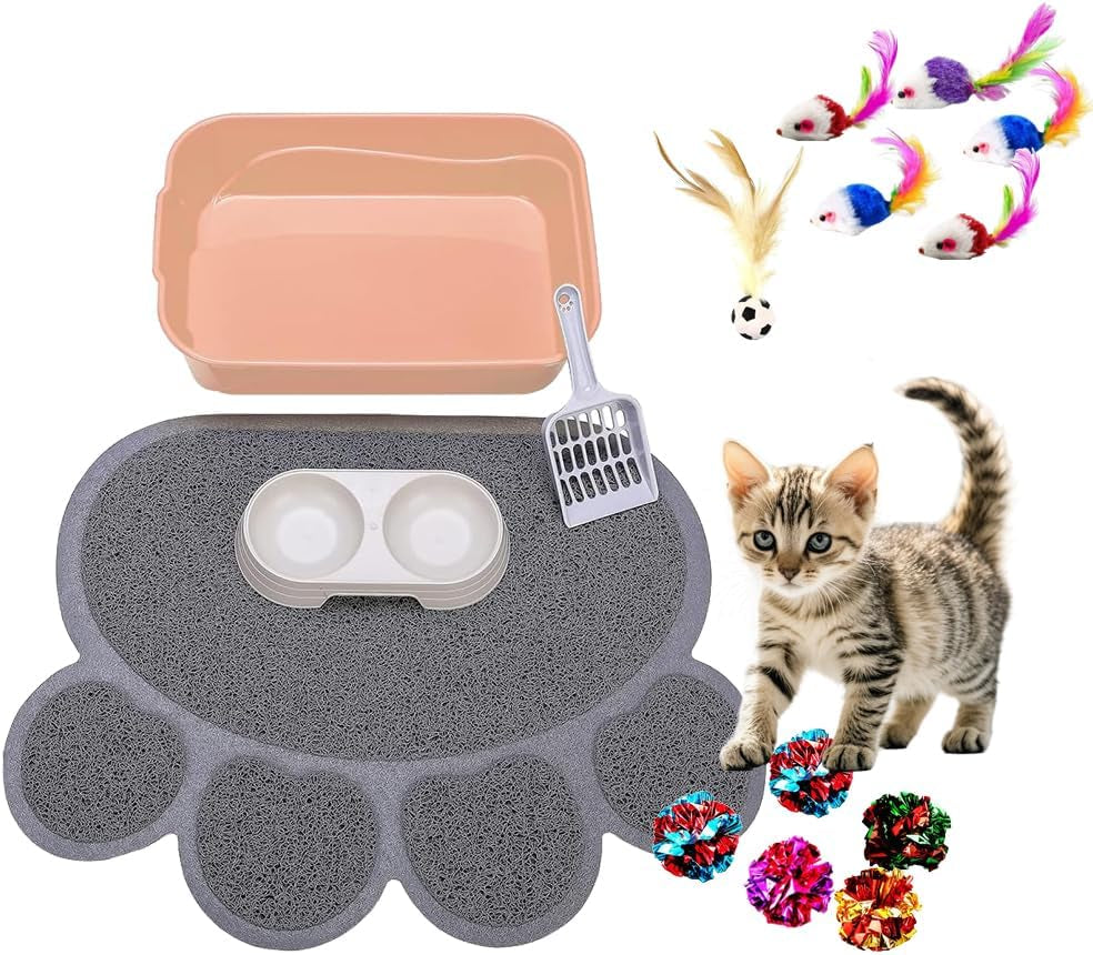 Kitten Litter Box Starter Kit, Low Entry Small Litter Box for Kittens & Small Cats, Includes Anti-Tracking Mat, Scoop & Toys, Easy to Clean, Compact Size (Pinkscoop Set)