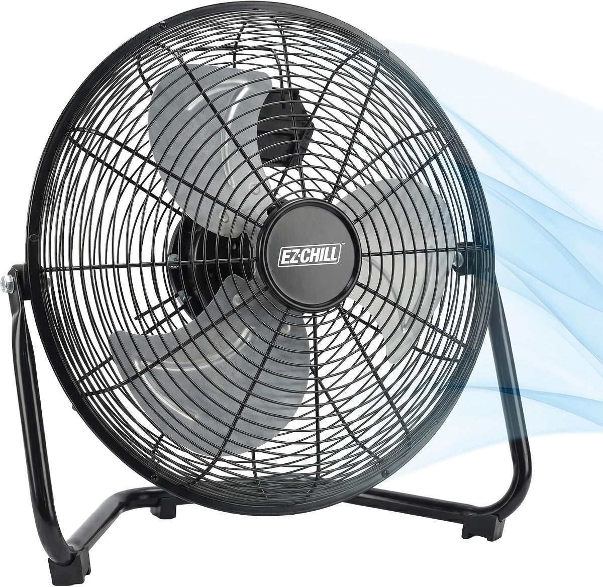 EZ-CHILL 12” Cradle Floor Fan, 3 Speed, High Velocity, 180 Degree Adjustable Tilt, All-Metal, Carry Handle, Rubber Feet, Airflow 15.42 Ft/Sec, Ideal for Home, Bedroom & Office, Black