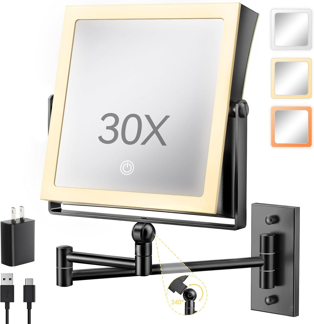 Wall Mounted Lighted Makeup Mirror,4000Mah Rechargeable Double Sided 1X/30X Magnifying Mirror with Light,Touch Dimmable,Extended Arm 360 Rotation Wall Mounted Makeup Mirror 3 Color Lights Black